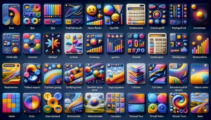 Create Interactive Content for Engagement: A vibrant digital interface showcasing interactive elements like quizzes, polls, infographics, surveys, games, calculators, and virtual tours.