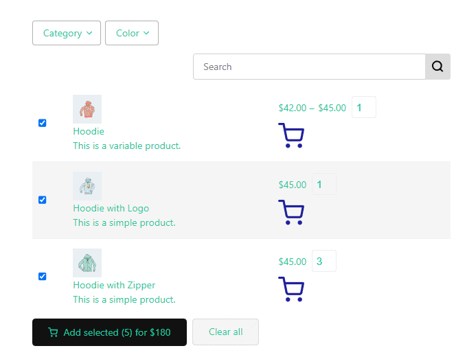 result shortcode product table in woocommerce bulk order form