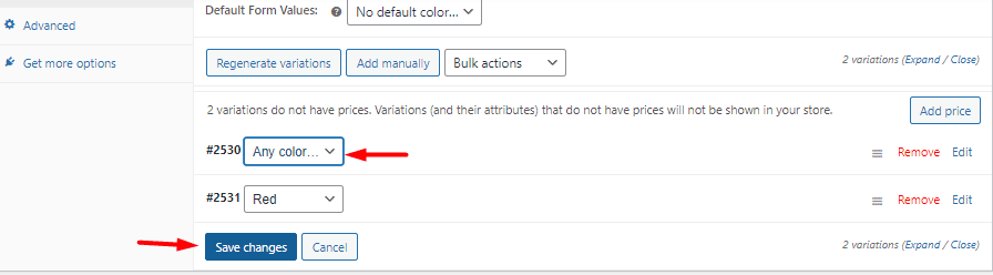 customize WooCommerce variations details and select save changes button