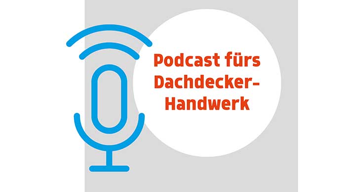 Textbild mit den Wörtern „Podcast Dachdecker Handwerk“ in orange auf weißem Hintergrund, teilweise von blauen Linien umrundet.