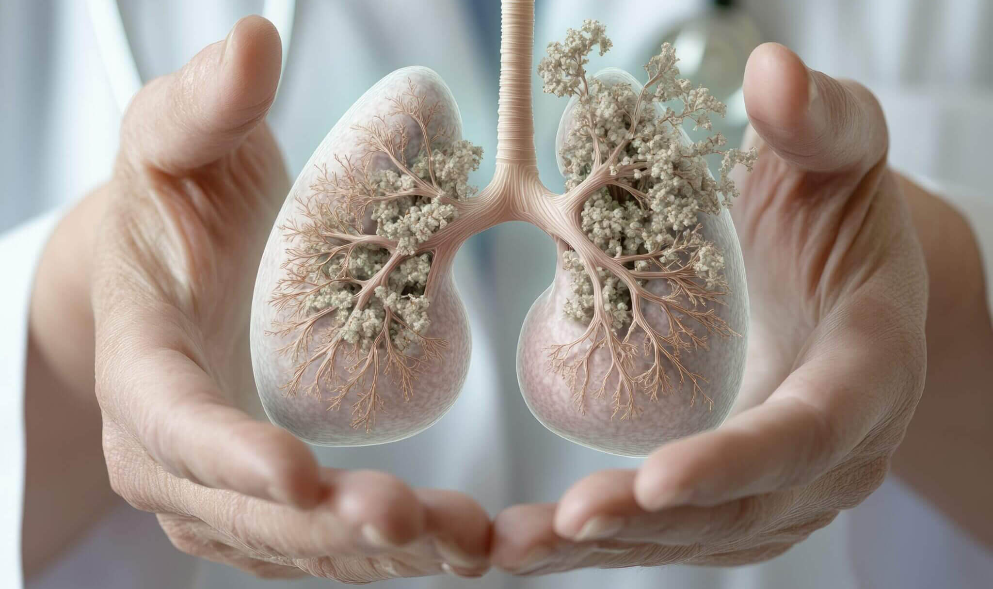 Darstellung menschlicher Lungen in Händen als Symbol für Mesotheliom, Asbestbelastung und Lungenerkrankungen Darstellung menschlicher Lungen in Händen als Symbol für Mesotheliom, Asbestbelastung und Lungenerkrankungen