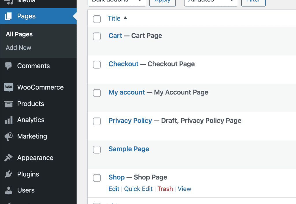 select pages menu in WordPress Dashboard