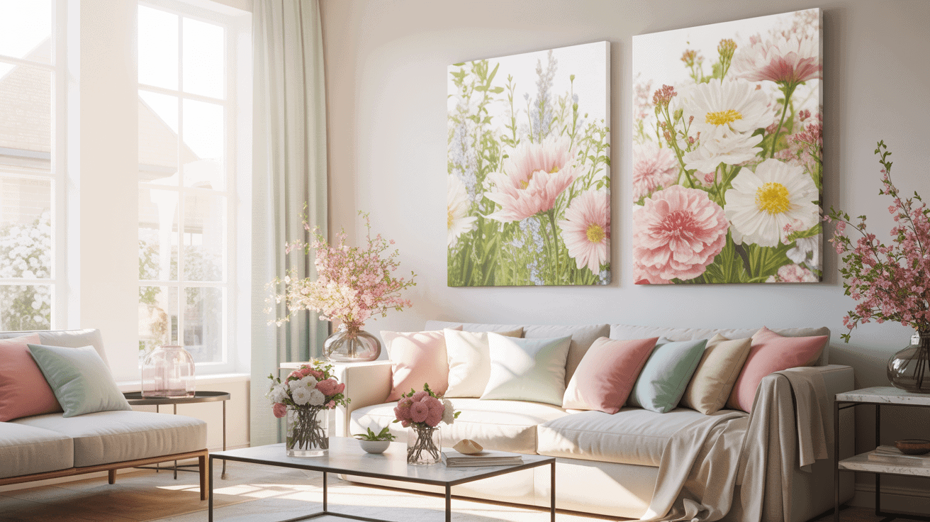 A bright spring living room with floral canvas prints on the wall and pastel decor