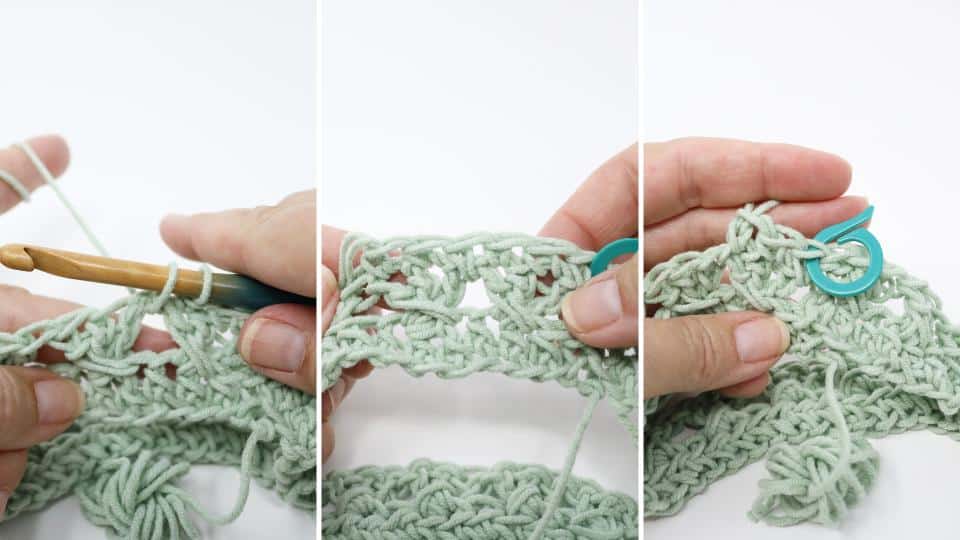 Three close-up images show hands crocheting a hat with light green yarn using the crochet granny stitch. A wooden crochet hook, a teal stitch marker, and stitches in progress are visible against a white background. Includes free crochet pattern.