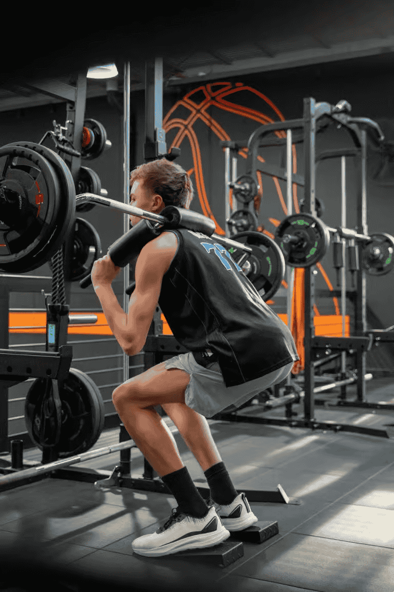 Weightlifting workout at No Limits Basketball gym, improving strength and fitness in a modern training facility.