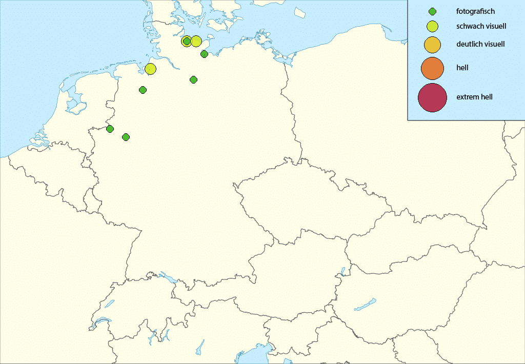 Schwaches Polarlicht in Nord-West-Deutschland 3 Karte der Polarlicht Sichtungen