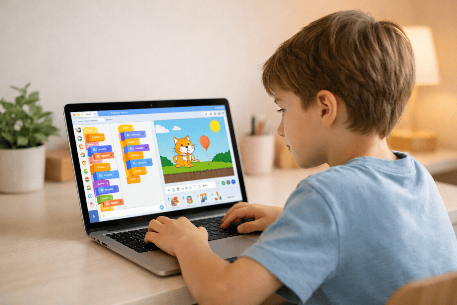 Child learning how to make animation in Scratch on a laptop — beginner coding project