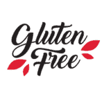Gluten-Free logo with stylish script and red leaf accents.