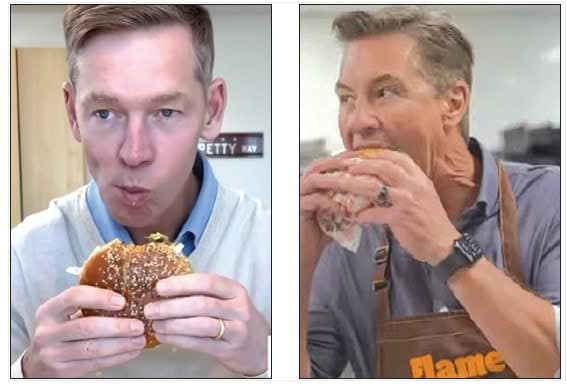McDonald's CEO Chris Kempczinski (left) and Burger King President Tom Curtis (right) eating their respective burgers in a viral social media comparison.