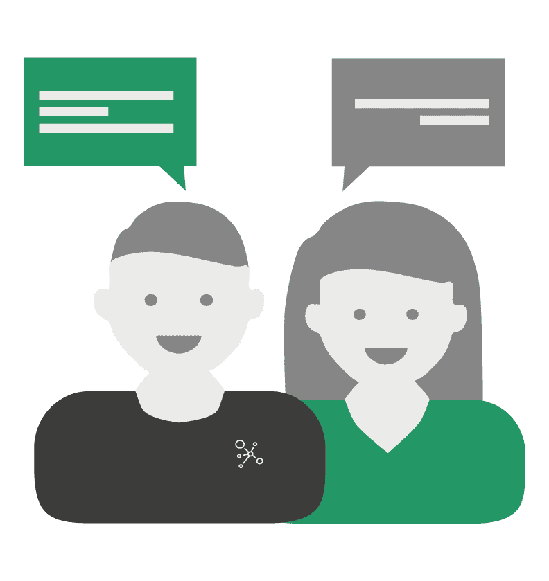 Ein Mann und eine Frau stehen nebeneinander. Über beiden ist eine Sprechblase, da die Frau von dem Mann betreut wird. Sie stellt ihm eine Frage und er antwortet daraufhin.