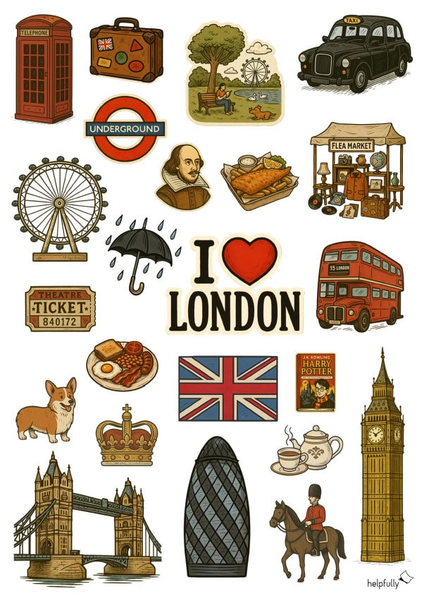 Typische London Motive zum Basteln und Ausschneiden als bunte Sticker-Vorlage zum Ausdrucken