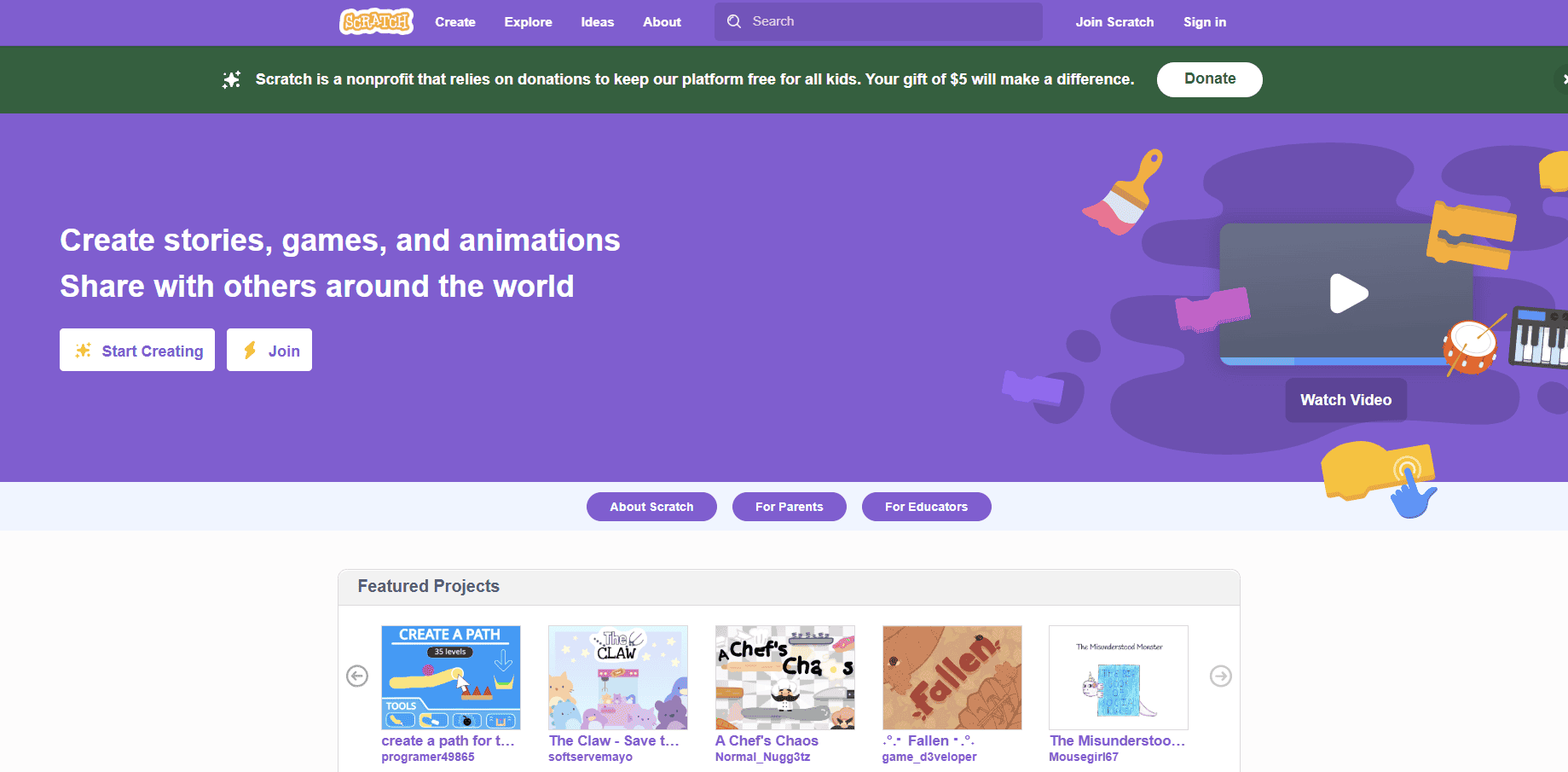 Scratch website homepage showing create stories, games, and animations with options to start creating or join.
