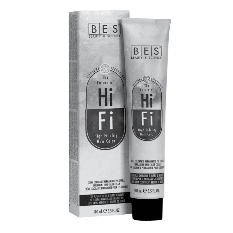 A tube and box of BES Hifi ML 100 High Fidelity Hair Color, labeled with product and brand info, are shown in black and white.