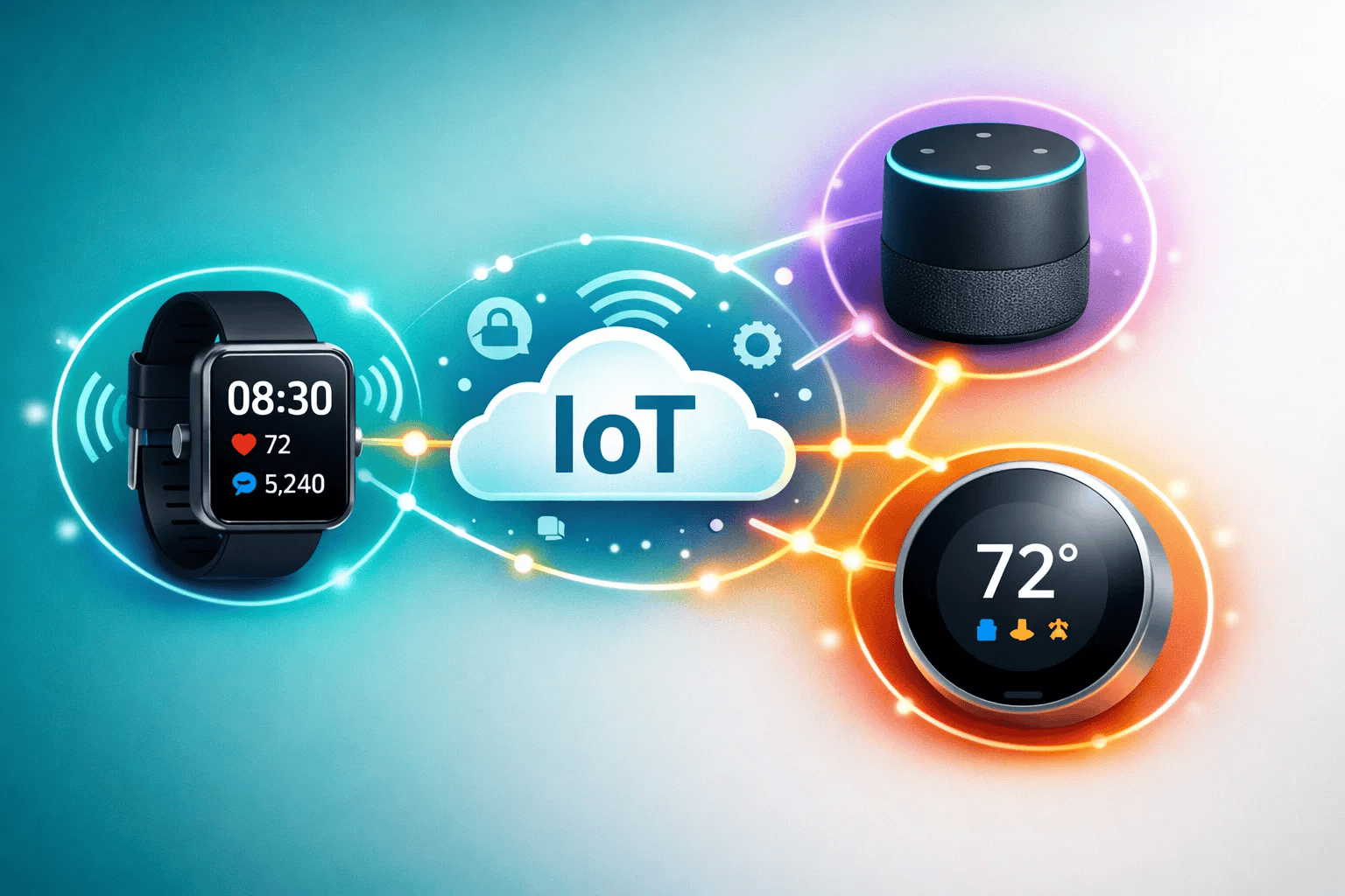 Visual diagram showing basic components of IoT system with smart devices connected through wireless network for kids education