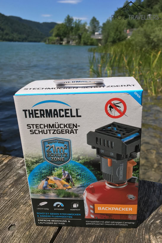 die Verpackung vom Thermacell-Mückenschutz am See