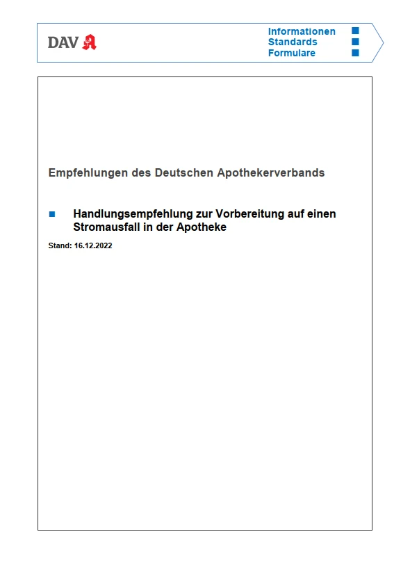 Handlungsempfehlung zur Vorbereitung auf einen Stromausfall in der Apotheke