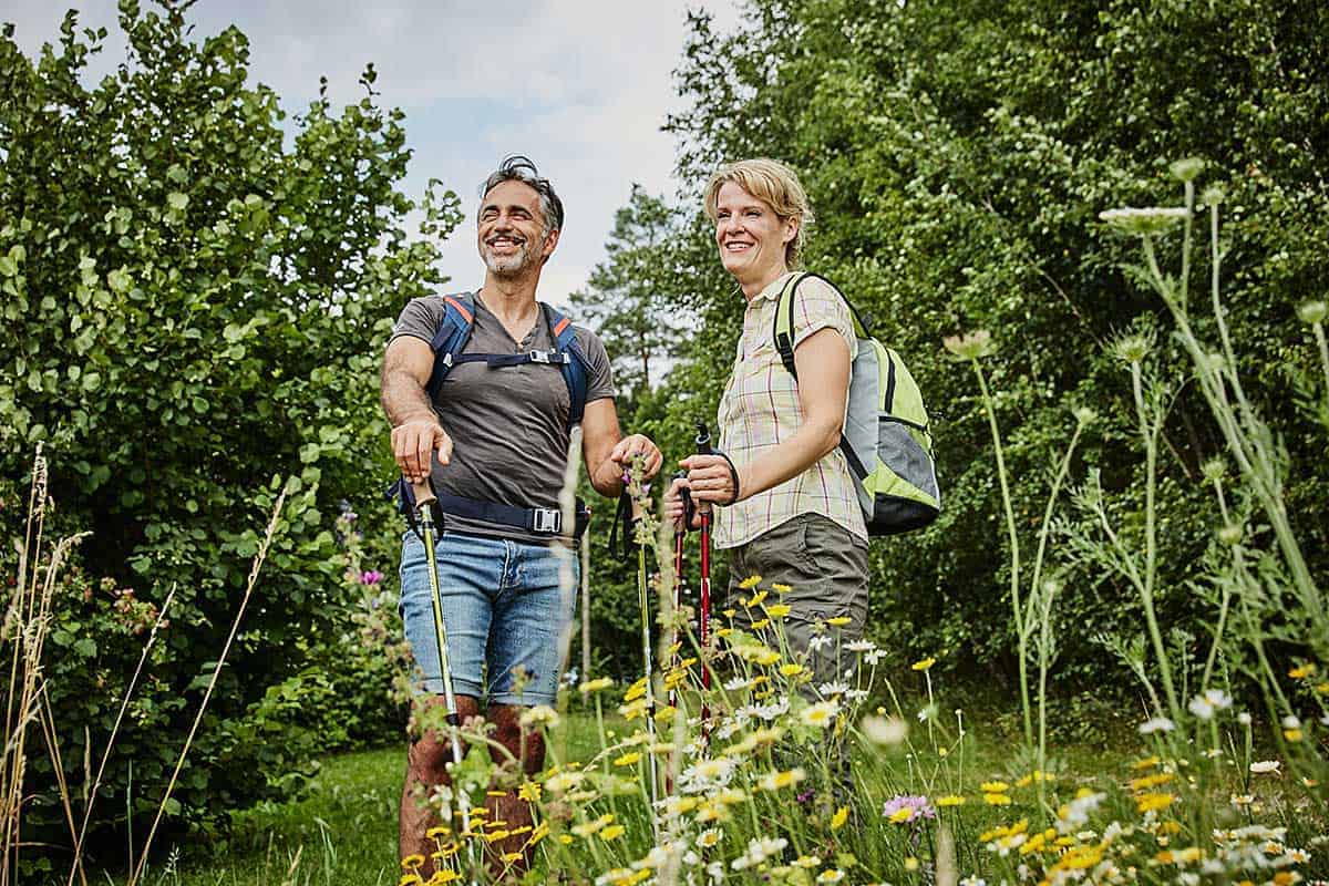 Wanderer stehen in der Wiese und genießen die Natur des Bayerischen Waldes