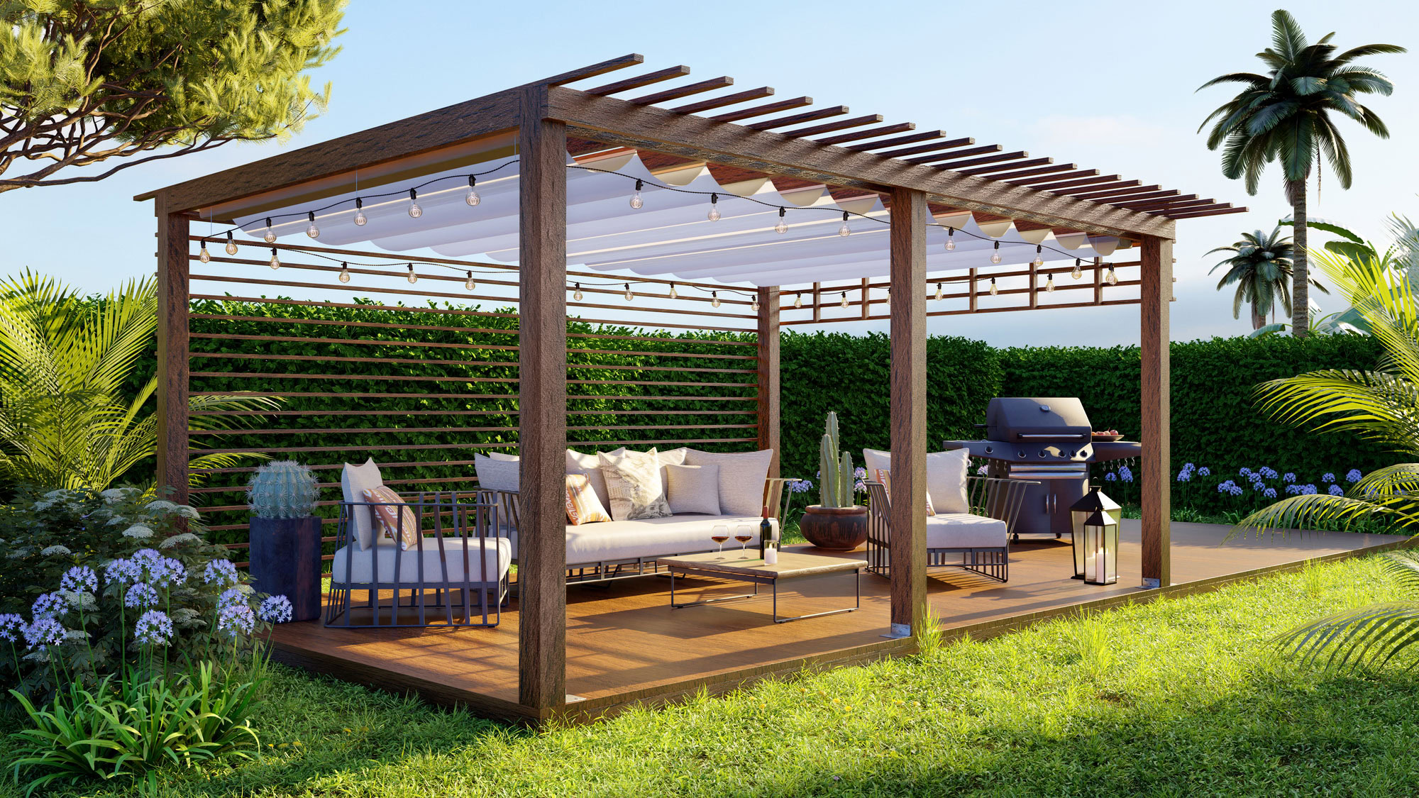 Große Holzpergola mit Stoffdach, Sitzmöbeln und Beleuchtung auf einer Terrasse im Garten.