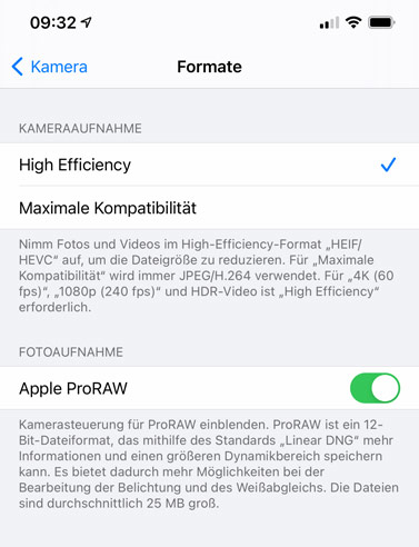 Apple ProRaw Aktivierung auf dem iPhone