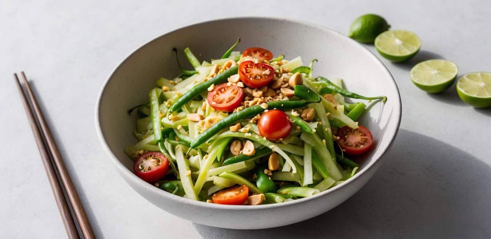 A bowl of spicy Som Tum with green papaya, cherry tomatoes, and green beans, topped with peanuts. Chopsticks rest beside lime halves for a zesty finish.