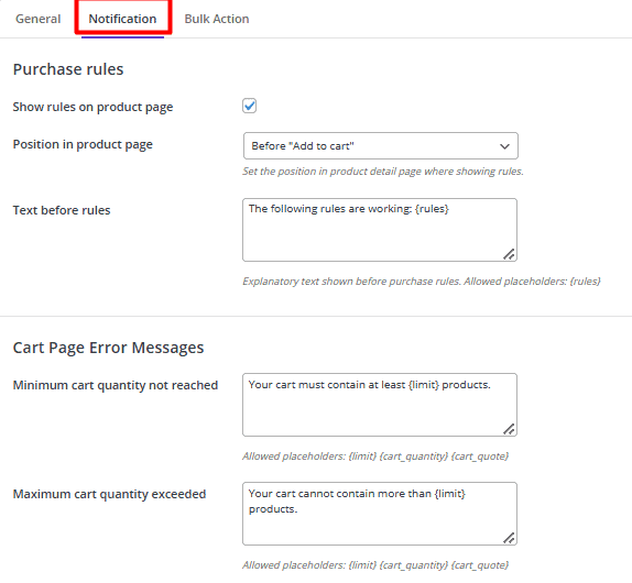 Setting custom notifications on product quantity limitations