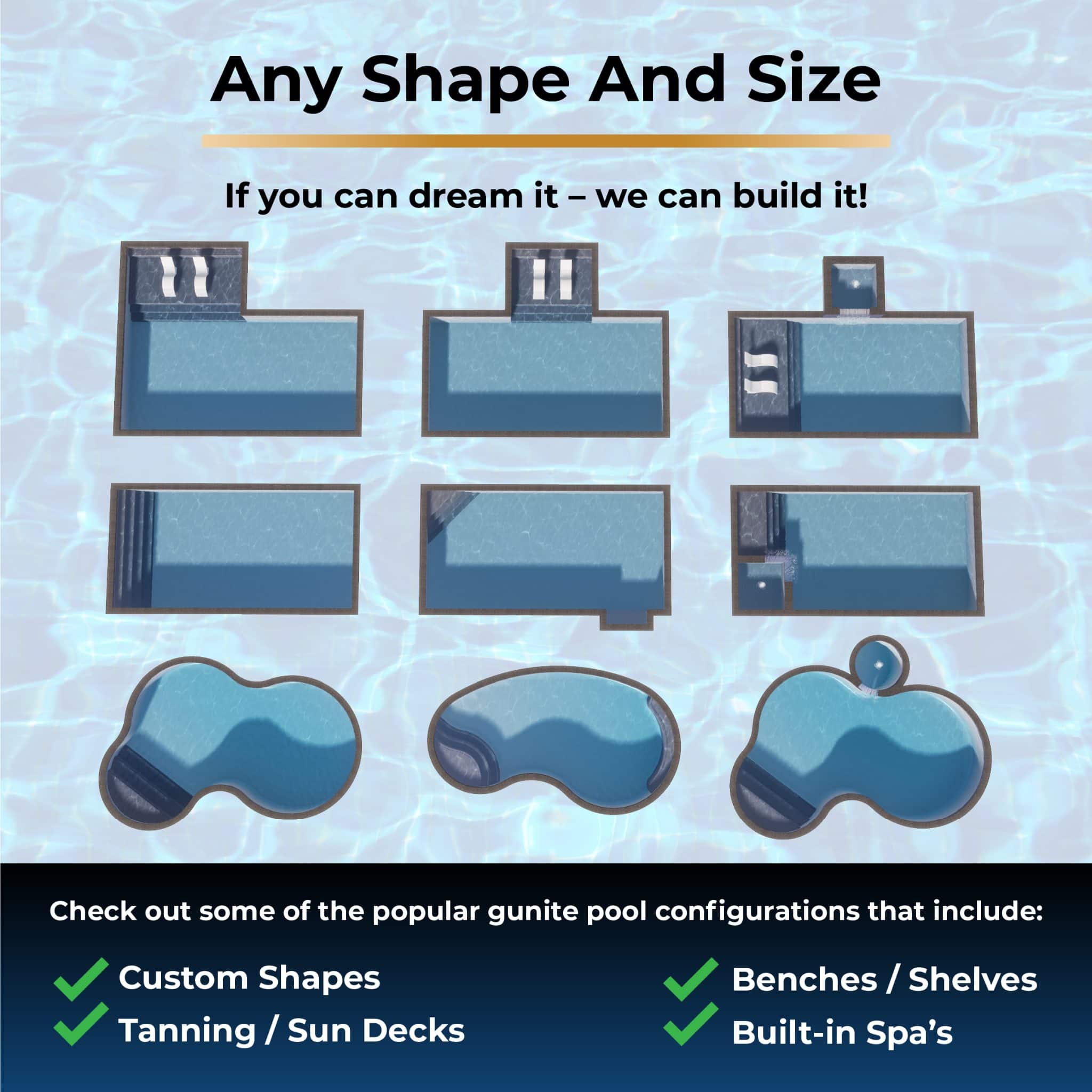 A graphic displays nine New Gunite Pools shapes in a pool, with text highlighting customizable features like tanning decks, benches, and built-in spas.