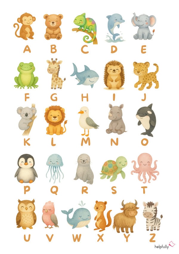 kostenloses ABC für Kinder mit niedlichen Tieren zu allen Buchstaben zum Ausdrucken