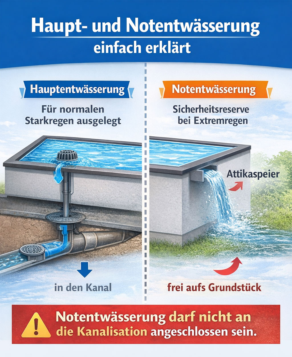 Haupentwässerung und Notentwässerung beim Flachdach