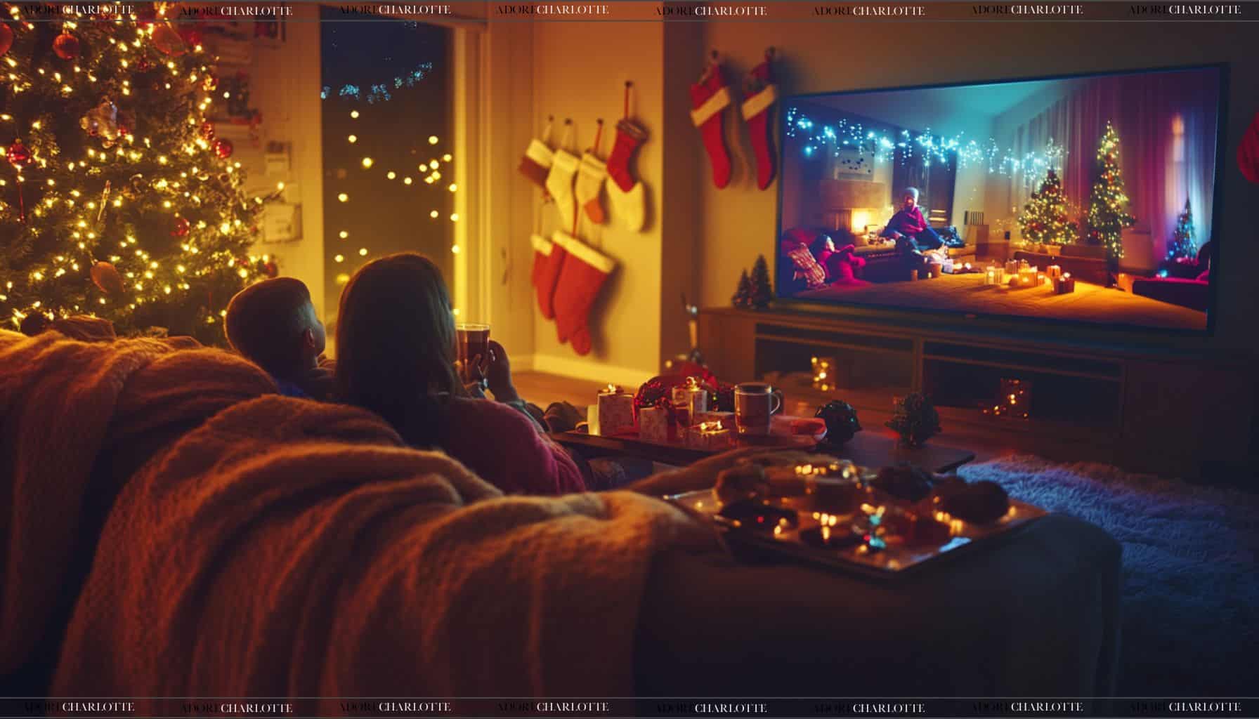 Mother and son watching a christmas movie.