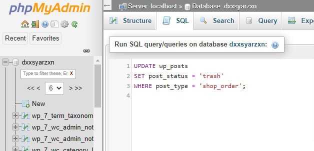 delete all orders from database using sql