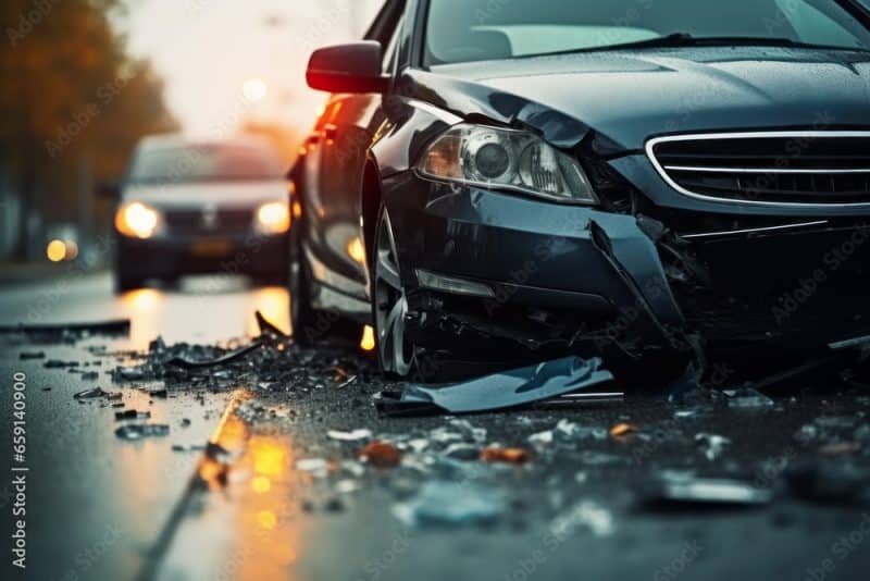 Broken car in an accident. Crash on the road. Background with selective focus and copy space