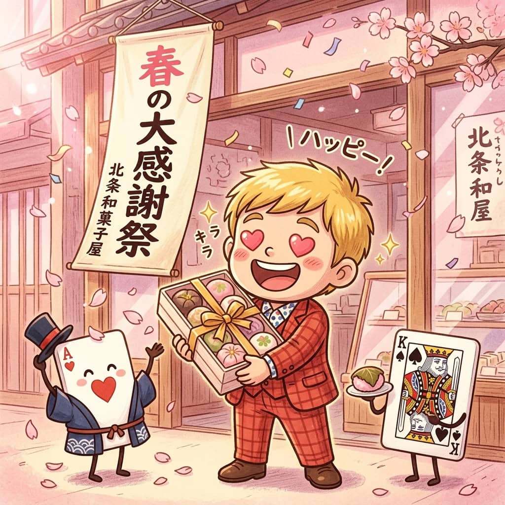 放生若狭屋「春の大感謝祭」5つのお得すぎる目玉と立川志の輔×とやまるCMの知られざる裏話 2 放生若狭屋の春の大感謝祭にワクワクするコンプレッサーと桜舞う和菓子屋の店先