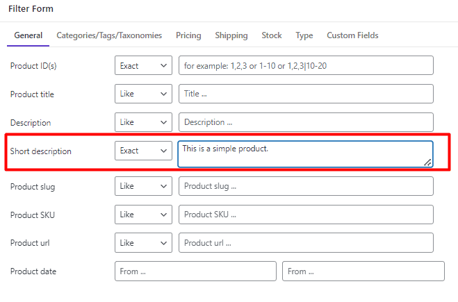 select short description field in general tab