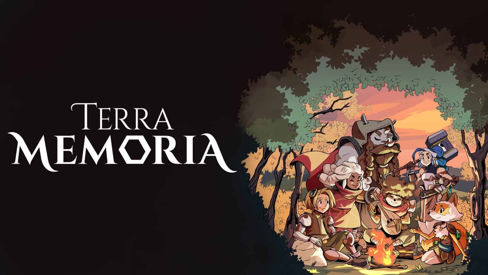 Terra_Memoria_KeyArt_Horizontal_logo Epic logo image for Terra Memoria game with a fantasy scene in the background, featuring diverse characters gathered around a campfire, set in a forest at sunset.