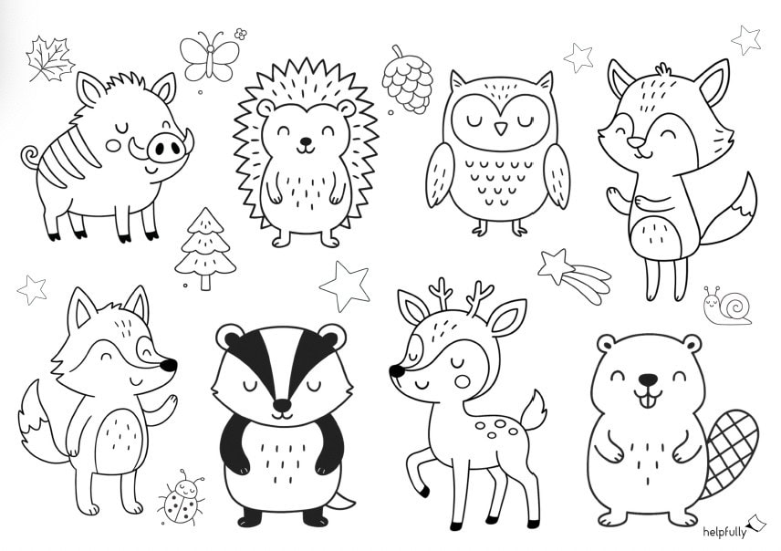 Ausmabild mit niedlichen Waldtieren zum Ausdrucken