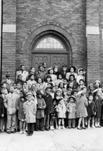 First AME Zion ph 7515 Historic African American school children group photo outside brick building.