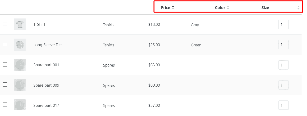 Result sorting by product attributes and custom field and price in WooCommerce table
