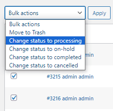 Bulk change order status default WooCommerce