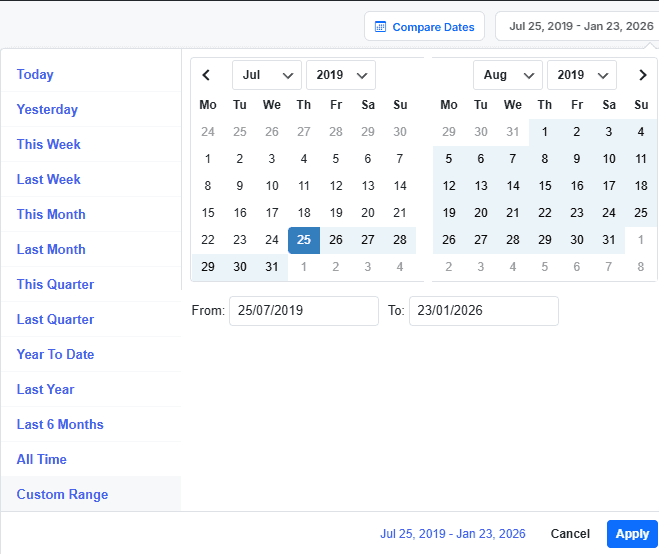 Select report date range