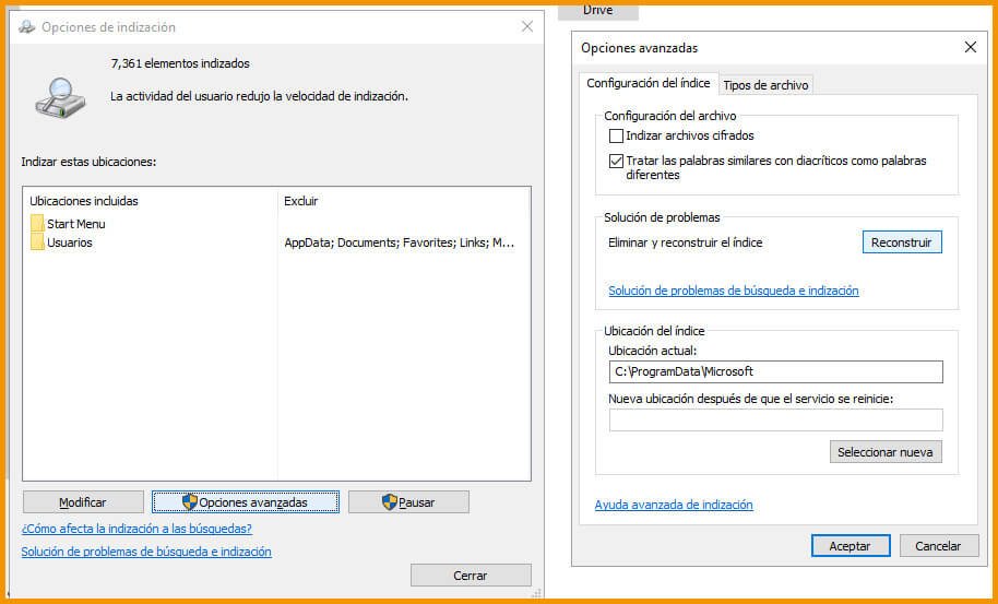 opciones de indizacion windows