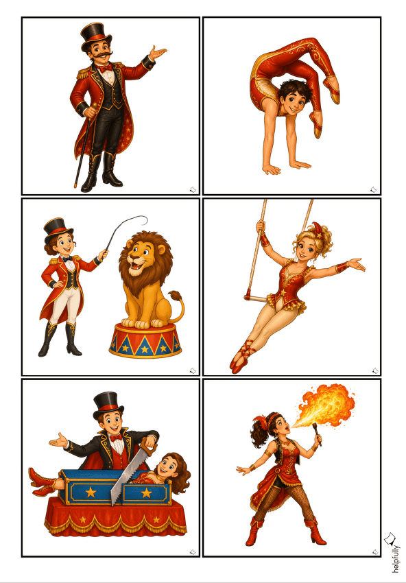 Zirkusdirektor, Seiltänzerin, Dompteurin und mehr Zirkus-Artisten als Bildkarten zum Ausdrucken