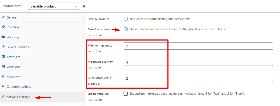 Example of limit quantity per product
