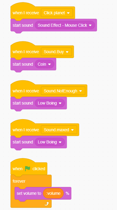 Scratch code triggering different sound effects on received messages and setting volume continuously after green flag click