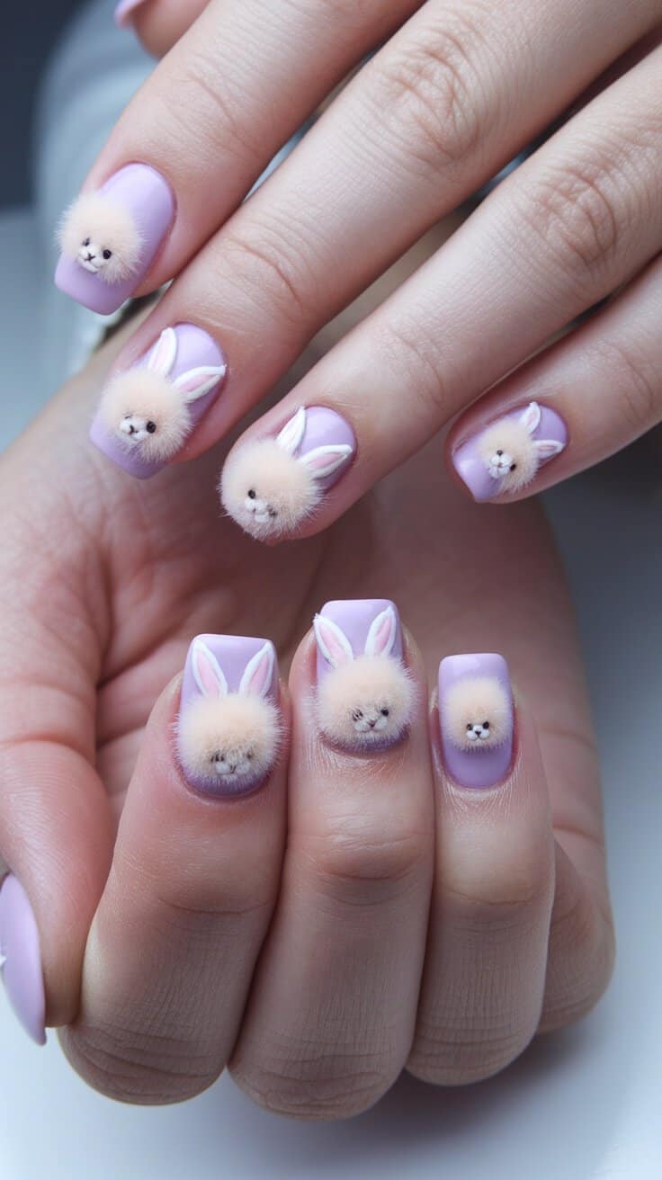 Nail art featuring fluffy bunny designs in pastel colors.