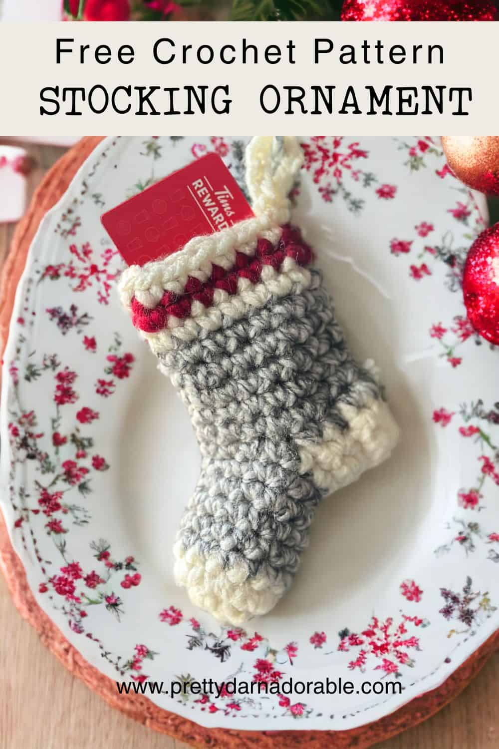 mini crochet stocking ornament in grey cream and red - sock monkey style with a gift card