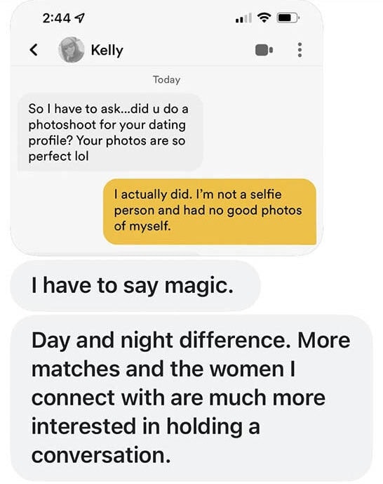 A text conversation about using professional photos for a dating profile, discussing improved matches and more engaging conversations as a result.