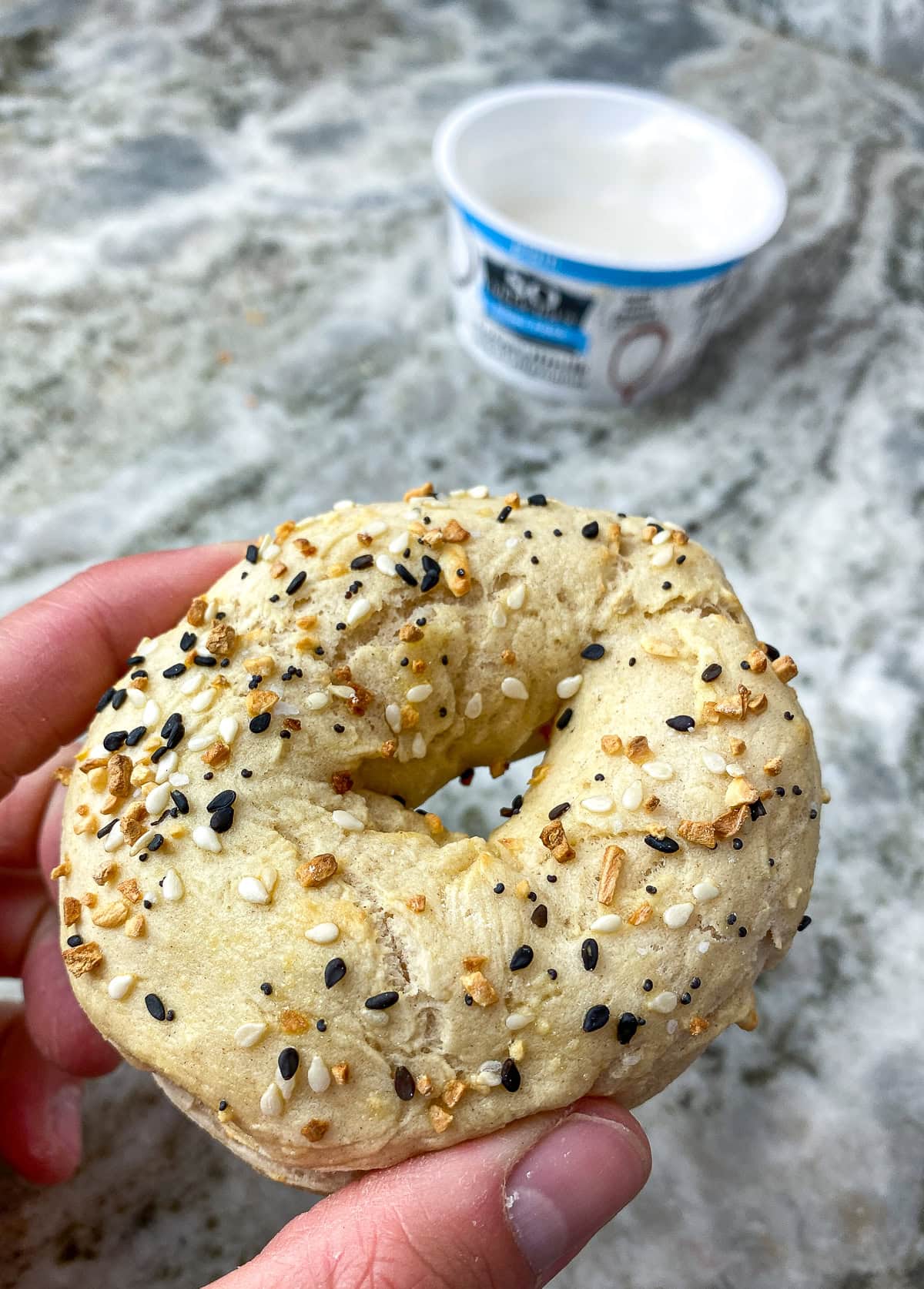 Coconut yogurt bagel closeup