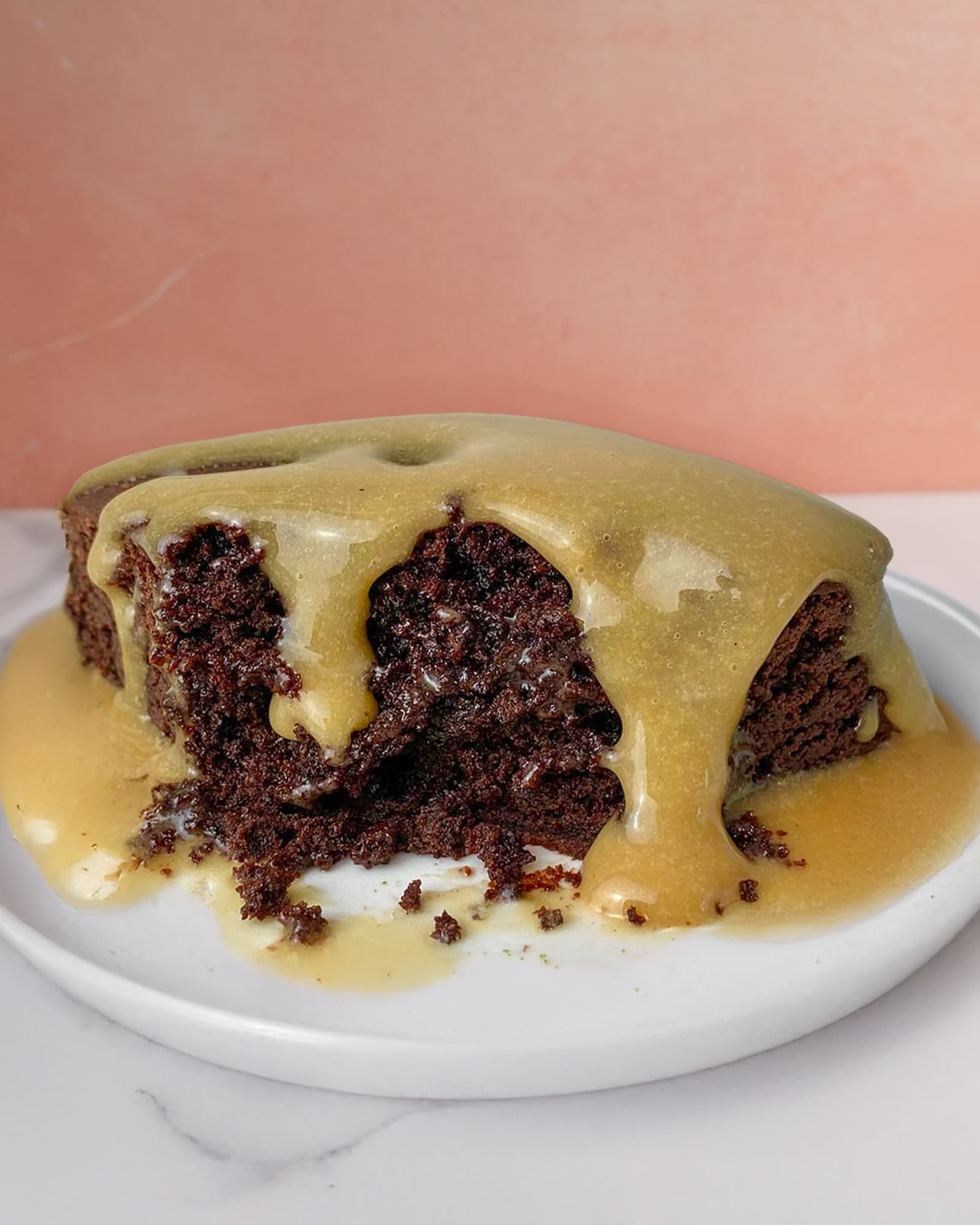 Protein caramel sauce on brownie