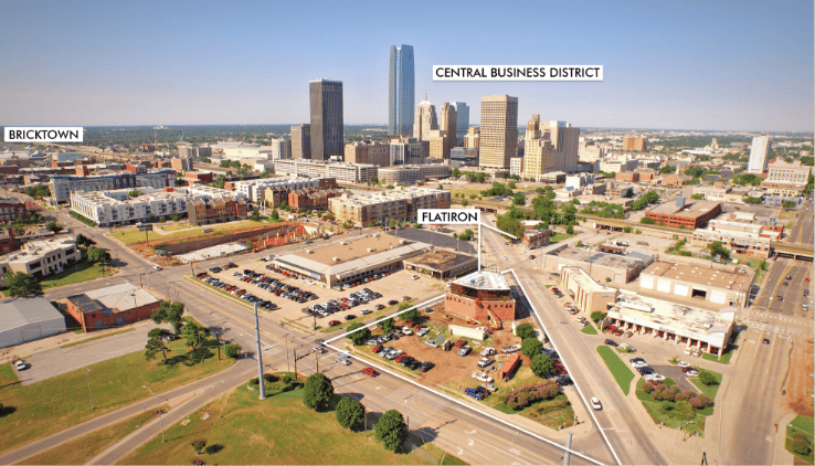 Aerial view of Oklahoma City highlighting Bricktown, PLICO at the Flatiron, and Central Business District