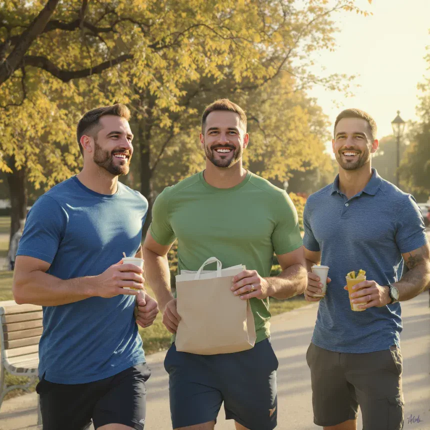 Glückliche Männer beim Spaziergang im Park an einem sonnigen Tag, umgeben von Herbstbäumen, tragen Sommerkleidung und halten Getränke in der Hand.